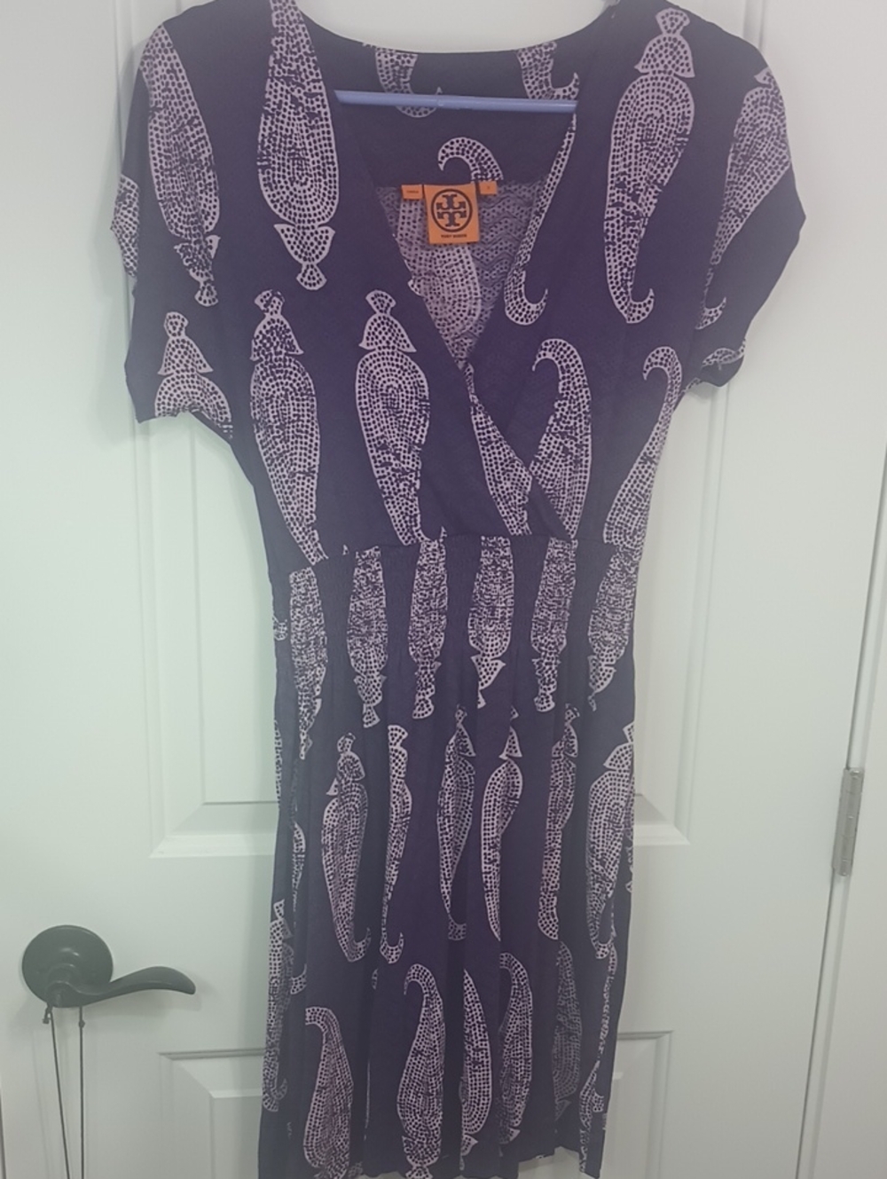 Tory Burch Navy Midi Dress with Lilac Paisley Motif